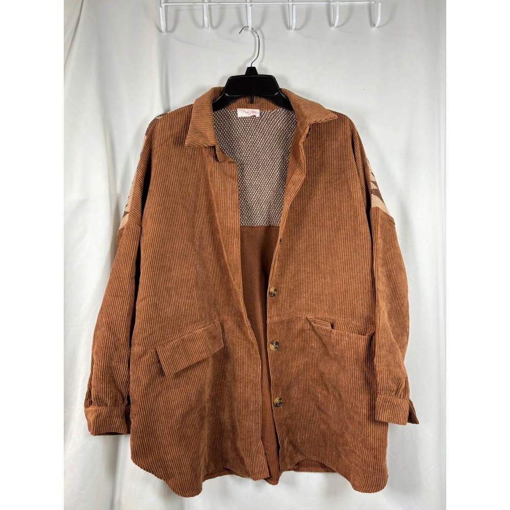 Pink Lily Brown Corduroy Aztec Contrast Shacket Oversized Button Up Jacket M